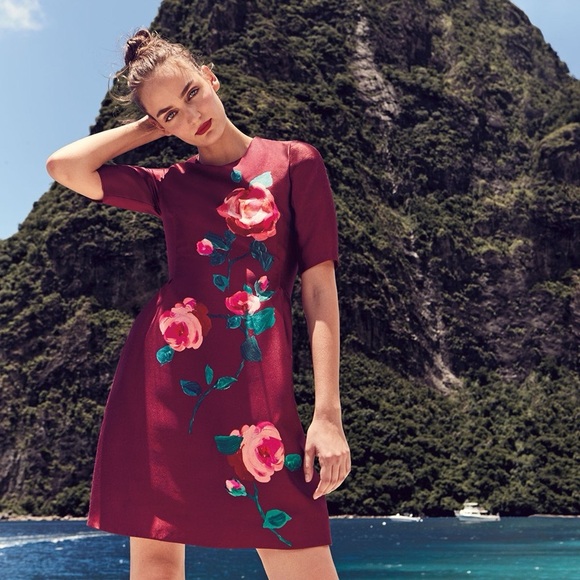 WOMAN FLORAL-PRINT SILK-TAFFETA
DRESS BURGUNDY size 4 - Picture 1 of 10